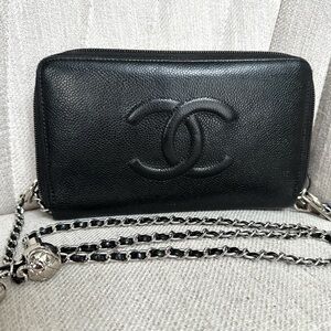 💯 CHA.NEL Black Caviar Leather Large Zippered Wallet on Chain w/ auth cert